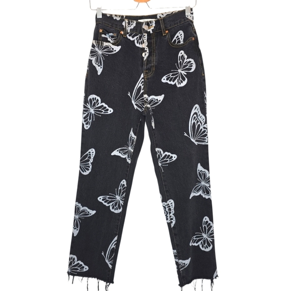 PACSUN‎ Eco Black Butterfly Jeans Women Sz 25 High Rise Straight Cotton Y2K Boho - Picture 2 of 13
